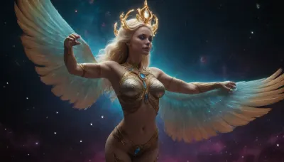 A majestic full-body portrait of a 45-year-old blonde Planetary Goddess, radiant, divine, and cosmically powerful. She stands tall and serene in the center of a vast celestial void, illuminated by the glow of orbiting worlds. Her armor has evolved into planetary goddess regalia, flowing, iridescent nebula-forged plates in duck-shell blue, violet, gold, and crystalline teal. The armor appears sculpted from compressed stardust and nebula clouds, with shimmering constellation patterns drifting across its surface like living tattoos of the universe.

Her face is luminous with divine cosmic beauty, glowing gold pupils swirling with miniature galaxies, pearl-blue celestial markings across her eyes and temples, radiant skin that glows with starlight, and glossy rose-gold lips that reflect the colors of distant nebulae. Her long blonde hair flows weightlessly, trailing strands of glowing cosmic filaments, crowned with floating crystalline blue rose-shards forming a halo of orbiting starlight.

Around her, multiple planets orbit gracefully—some small as moons, others massive with swirling atmospheres, rings, volcanic scars, oceans, and glowing auroras. The worlds move in delicate celestial mechanics, leaving luminous trails as they circle her. Asteroid belts curve around her waist like a cosmic girdle, glowing dust spirals forming natural rings of power.

Her wings are colossal cosmic constructs—part feathered, part galaxy-formed, part shimmering cosmic light. Each wing holds swirling starfields, nebula clusters, radiating dust, and glowing particles. Some sections resemble planet rings, some look like spiraling galaxies, and others are fractal mandalas of pure energy.

Her hands are outstretched, controlling the orbits. Celestial energy flows between her palms as she channels gravitational currents, swirling rings of quantum light rotate around her wrists like divine machinery. Small meteors and cosmic sparks drift around her form.

The environment is an endless cosmic expanse, nebula clouds in cyan, magenta, and gold, swirling starfields, collapsing suns in the distance, drifting planetary debris, soft rays of interstellar light illuminating her silhouette. Space bends subtly around her like gravity itself obeys her.

Feathers of cosmic energy fall from her wings, each glowing like a newborn star.

Ultra-detailed textures, rich cosmic color palette, luminous planetary lighting, SDXL quality, cinematic, divine planetary goddess aesthetic.