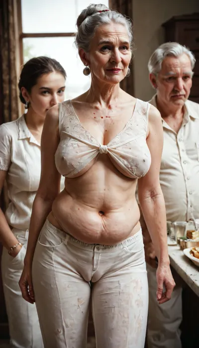 domineering grandmother, strict, 52 years old, in white cotton underpants, ((maximally swollen groin)), earrings in the form of large rings, hair tied in a bun, in the pension department, a lot of people, a lot of passers-by, boobs hanging down to the navel, wrinkles, sagging belly, folds on the stomach, household appliances from the Soviet era, cameltoe, <lora:PantyPull-000005:1.2>, <lora:cameltoe XL:.3>