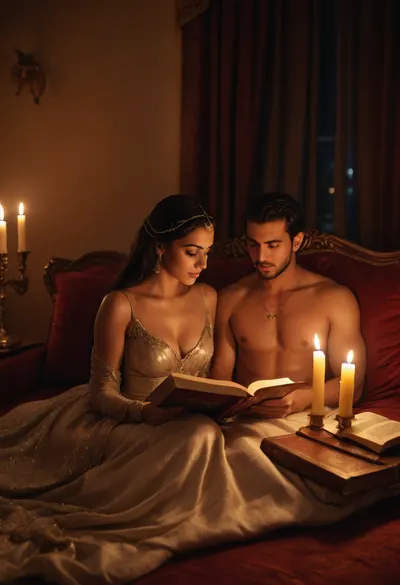 Arabian palace, arabian princess in luxury gown, reading a book to arabian prince sitting on cushion, sensuality, get each other naked, warm lightning, candles, smoke of incense realistic, nightly, sensual atmosphere