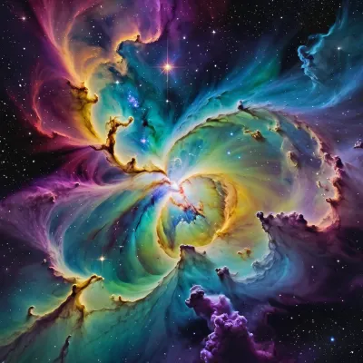 A casual photo of Cosmic universe nebula in watercolor style, ethereal and dreamy space scene, swirling galaxies and stardust, vibrant glowing colors, bright yellow, pure white, neon green, deep purple, vivid magenta, and black void background, fluid watercolor washes, soft bleeding edges, translucent layers, luminous stars and cosmic dust, high detail, artistic, magical atmosphere, 4k
