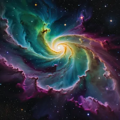 A casual photo of Cosmic universe nebula in watercolor style, ethereal and dreamy space scene, swirling galaxies and stardust, vibrant glowing colors, bright yellow, pure white, neon green, deep purple, vivid magenta, and black void background, fluid watercolor washes, soft bleeding edges, translucent layers, luminous stars and cosmic dust, high detail, artistic, magical atmosphere, 4k