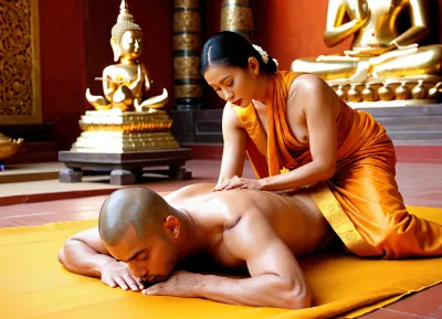 A sensual scene, the naked King of Thailand lies, (on his stomach:1.5), on a woven mat at the foot of a large golden Buddha statue in a temple Wat Phra Kaew, his body enveloped in the golden light of the temple, and next to him, a young Buddhist nun dressed in an orange robe is kneeling, performing a deep traditional Thai massage