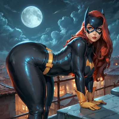 (Reiq meets cutesexyrobutts style), batgirl, thick curvy obese body in her batsuit, giant perky breasts with large areolas, hyper wide hips, huge giant perky tits, giant fat ass, gorgeous face, (bent over showing off her huge ass:1.3), on a rooftop at night night illuminated by a full moon, ultra realistic, perfect face, perfect rendered face, masterpiece, best quality, detailxl, detailed, eyes, perfect, freckles, skin, texture, photorealistic