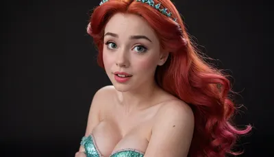 ((score_9, score_8_up, score_7_up, UHD 8K, masterpiece, best quality, maximum details, natural light, extreme realism)), (boudoir_posing:1.3), (hands clasped over head), (side posing), (black background), (((Disney_Princess_Ariel:1.3))), ((Petite:1.4)), (makeup), (crying), (eyeliner), (naked), (pubic_hair)