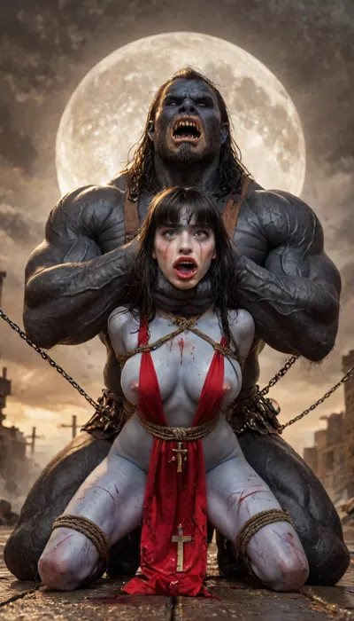 (vampirella:1.32), ((Vampirella is a tall, pale woman with a mane of raven-black hair and green eyes. Her look is that of a skimpy, red sling bathing suit barely covering her nipples and genitalia, with a golden bat emblem over the crotch. She wears an upturned white collar at her neck, long, high-heeled black boots, and a golden bracelet on one arm)), female drow elf barbarian, (blue skin:1.82), tall, angry, busty, curvy, thin waist, big boobs, big butt, slim, fit, vitiligo, strong, fur pelt armor, dungeons and dragons, purplish blue skin, black and purple hair, Dark, Elf, Warrior, Drow, tattooed, scarred, purple eyes, blue skin, amazon, giant, fur barbarian armor, bloody, blood spatter, bear, bear heart, (in a bloody filed after a battle, white full moon in the sky:1.4), (man is choking her from behind:1.4), ((hogtied, bound with large chains, crucified to a torture table, spikes through hands:1.3)), (torture:1.32), (large sharp sword in anus:1.12), cock in mouth, (brutal face fuck), Blowjob, (tears in eyes:1.5), (running makeup), (cum drips from nose:1.3), (cum drips from mouth:1.3), ultra hd, photorealistic, hyper gigantic large black cock in mouth, (((hyper gigantic large black cock in mouth:1.3))), gangbang, double anal penetration, anal spitroast, groupsex, deepthroat, (4 gigantic African black brute thug, huge trunklike arms, huge head, hyper muscular body, dressed in slave clothes:1.32), ((hogtied, bound for sex, tied up)), (((hyper gigantic large white cock in mouth:1.3))), (pulled nipples:1.2), nipple clamps, (((spitroast))), (((hyper large cock in mouth:1.3))), screaming, shocked, deep anal penetration, Uber realistic, 8k, ultra detailed, masterpiece, arched back, detailxl, 35mm photograph, film, professional, 4k, 1girl, 5 boys, hdr, photographic, ultra realistic, ultra high details, back light, (front view), (dynamic pose), best quality, incredibly lean body, anal sex, with large muscular black men, gargantuan black cocks, large hyper muscular fat old men, (double anal sex), swollen white veiny cocks, (double anal penetration), hardcore double penetration, proper physics, big white cocks, muscular white double anal gangbang, (forceful penetrations), extremely graphic, beautiful hands, defeating a woman in combat, fighting, killing, blood, winning fight, magazine cover, Realism_Quality_2xx_By_Stable_Yogi, score_9, score_8_up, score_7_up, (((very pretty face:1.3))), (((extremely ultra detailed face:1.3))), perfect fingers and hands, upper body view, (extreme size difference:1.6), (ultra realistic), (maximum quality), (high resolution), (extreme detail), (ultra realism), UHD, super high quality, highly detailed, high resolution, perfect lighting, natural lighting, (dynamic angle), (random angle), (random pose), (dynamic view), (random view), golden hour, rich details, nature-inspired color palette, <lora:Dark_Elf_Warrior:2>, <lora:Drow:2>, <lora:zavy-brbrn-sdxl:2>, <lora:LCMTurboMix_Euler_A_fix:2>