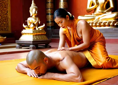 A sensual scene, the naked King of Thailand lies, (on his stomach:1.5), on a woven mat at the foot of a large golden Buddha statue in a temple Wat Phra Kaew, his body enveloped in the golden light of the temple, and next to him, a young Buddhist nun dressed in an orange robe is kneeling, performing a deep traditional Thai massage