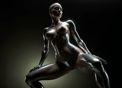 A sexy female robot with reflecting metallic chrom skin, a highly detailed and vibrant fantasy artwork, concept art nude big brest girl, art by Hajime Sorayama. She wears nothing, completely nude, chrome skin, Chrome Eroticism, smooth, reflective surfaces that enhance the metallic sheen of robots. The detailed rendering of textures, from the softness of human skin to the hardness of metal, she has no hair, bald head, dynamic lighting, lights, digital painting, intricated pose, highly detailed intricated, . digital artwork, illustrative, painterly, matte painting, highly detailed, best quality, fine detail, warm lightning, erotic, porno, subdued atmosphere, chiaroscuro, full body, full body view, light_green background. The body floats weightlessly in space. Crouched position. Tumbling body in space. Art style inspired by Hajime Sorayama and the sexy robot series., low angle, ((randomized-body view from below)), <lora:dark:.5>