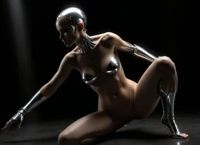 A sexy female robot with reflecting metallic chrom skin, a highly detailed and vibrant fantasy artwork, concept art nude big brest girl, art by Hajime Sorayama. She wears nothing, completely nude, chrome skin, Chrome Eroticism, smooth, reflective surfaces that enhance the metallic sheen of robots. The detailed rendering of textures, from the softness of human skin to the hardness of metal, she has no hair, bald head, dynamic lighting, lights, digital painting, intricated pose, highly detailed intricated, . digital artwork, illustrative, painterly, matte painting, highly detailed, best quality, fine detail, warm lightning, erotic, porno, subdued atmosphere, chiaroscuro, full body, full body view, light_green background. The body floats weightlessly in space. Crouched position. Tumbling body in space. Art style inspired by Hajime Sorayama and the sexy robot series., low angle, ((randomized-body view from below)), <lora:dark:.5>