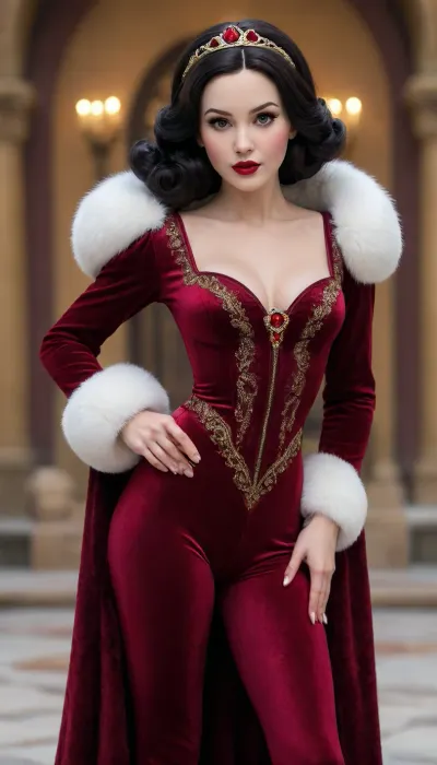 Snow White from Disney, garnet velour sensual face and body made of garnet velour. long legs, tight jumpsuit, fur coat, nanodetalized garnet khokhloma foil pattern. The velour fable is fiction. the color palette of garnet velour.High quality, lots of fine details, overdetalization, rendering of the smallest details, hyperrealism, photorealism, high detail ISO 666, HDR+, 1/260 s, f/4