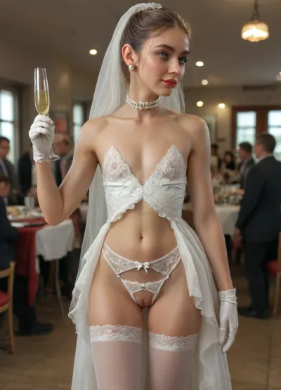 (((Close-up photo))), (short torso:1.6), (flat chested:2.6), bride girl in white veil, view from behind, half-back view, side view, (bride ballerina), (18 years old:1.5), 8k, high quality, masterpiece, best quality, original, flat chested, extremely detailed photo, extremely detailed body, realistic, high resolution, ultra clear, liko, on the background of the restaurant, standing, (complicated blonde ponytail hairstyle:1.2), (big pearls namisto around neck:1.4), (lace white gloves to shoulders), (white stiletto heels), (very boned legs), (((sexy bride's open erotic mini dress))), (((visible puffy small pussy:1.2))), (crotchless panties:1.6), sexy bride, (red lipstick, big red areolas), (long hard erected nipples), (cleavage), (((high white stockings))), (transparent crotchless panties:1.2), (shadow of lite smile), big living blue-violet eyes, boned, skinny, straight parting, ((elegant makeup)), ((skinny)), Uber realistic, ultra detailed, arched back, detailxl, 35mm photograph, film, professional, 4k, 1girl, 5 boys, hdr, photographic, ultra realistic, ultra high details, back light, (front view), (dynamic pose), (dancing in the restaurant as a ballerina), (holding up champagne glass in hand), (many people around), (restaurant background), ((random pose)), ((random view angle)), skinny ass show, sharp focus on pussy, full body view from afar distance, <lora:JustCum:2>, <lora:detailed_notrigger:2>, <lora:add-detail-xl:2>, <lora:CinematicStyle_v1:2>, <lora:MJ52:2>