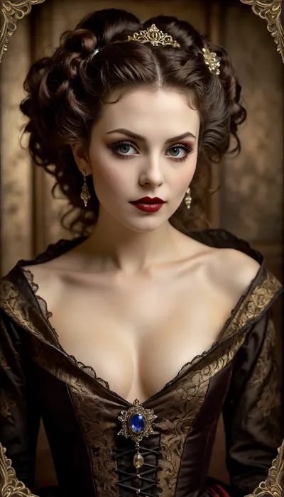 In a hauntingly poetic style, the sepia-toned pinhole macro image depicts an alluring vintage-style vampire that exudes regal charm. The main subject is a mesmerizing vampire depicted in exquisite detail. Reminiscent of a bygone era, this captivating image showcases the timeless elegance of the vampire with her cascading raven-black curls adorned with antique jeweled hairpins. Her porcelain complexion, mottled with fine veins, glows with a soft radiance, and her piercing sapphire eyes., fflix-geisha, <lora:Fflix-Geisha:2>