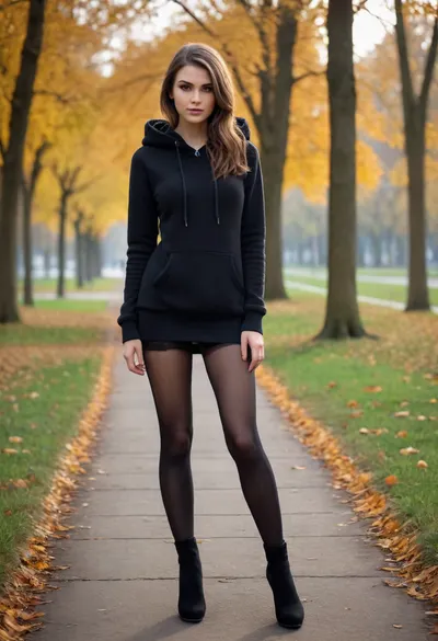 Slender girl walking in the park, short fur hoodie, seamless black pantyhose, over-the-knee boots, high heels boots