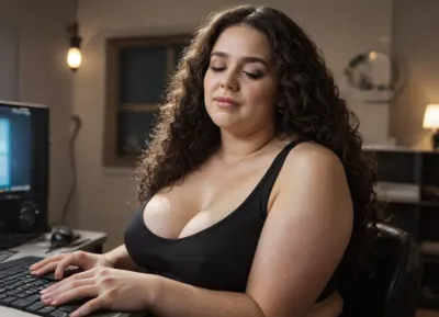 sitting in computer chair and computer room, Very fat black long hair, black tanktop, obese and overweight, (bbw:1.3), (saggy bigs tits:1.1), pleasure expression, masturbating, closed eyes, orgasm, (retrofuturistic:1), (retrofuturism:1), round face, plump lips, bbw, pawg, body, big ass, (bokeh:1), dim lights, long black hair woman, (black hair:1.5), (curly hair:1.6), (long hair:1.5), symmetrical face, (high detailed skin:1.2), 8k uhd, dslr, high quality, soft lighting, bhands, perfect fingers, masterpiece, best quality, highly detailed, maniacal, laughter, <lora:hrg:.6>, <lora:Chubby BBW - XL:.7>, <lora:maniacal_laughter:1.5>