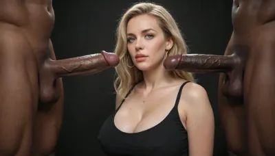 white woman, (milf:1), blonde hair, green eyes, nsfw, black spandex top, massive breasts with hard nipples under the shirt, looking suprised and in shock at a massive cock of a black african male in front of female, gigantic thick 25 inch penis, huge erection. sqeezing his testicles, black room, black background.