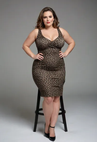 A photorealistic, ultra high-resolution fashion portrait of a striking bbw obese fat mature woman, 55 years old, radiating established confidence and sophisticated elegance. She is seated upright on a modern studio stool in a minimalist, brightly lit photography studio with a neutral gray backdrop. Her body language is poised and commanding, with her legs together and feet flat on the floor, hands resting gently on her thighs.Appearance & Likeness, She has a chubby, rounded face with defined cheekbones, luscious full lips painted with polished lipstick, and captivating light blue-green eyes that are detailed and attentive. Her gaze is confident, expressive, and sociable, directed slightly toward the camera. Her makeup is refined for a fashion shoot, with warm eyeshadow, subtle eyeliner, and soft contouring. Her hair is styled in slightly wavy layers, a light brown base enriched with warm caramel and amber highlights, complemented by subtle gray streaks that emphasize her mature aesthetic.Physique & Figure, She possesses a dramatically voluminous, plus-size figure with immense sculpted density, presenting a powerful, shapely silhouette. Her upper body is defined by an ample, full chest that is robust and naturally shaped, supported by the structure of her dress. Her torso is full and smooth, creating substantial curves. Her lower body features exceptionally wide hips that transition into powerful, full thighs, with a voluminous posterior that projects immense presence. Her warm, light beige skin displays natural, realistic texture under the studio lighting, highlighting authenticity and maturity.Attire, She is wearing a sleeveless scoop-neck leopard print bodycon mini dress made of matte opaque stretch fabric. The dress has a deep beige base with dark brown and black leopard spots. The thick, dense fabric hugs her torso, bust, waist, and hips, sculpting her curves into a clean, bold line. The scoop neckline modestly frames her chest, while the hemline ends mid-thigh, emphasizing her strong thighs and wide hips. The matte finish ensures opacity and smooth contouring.Lighting & Composition, The studio lighting is bright and even, casting soft shadows that define her curves and facial features without harshness. The neutral gray background isolates her figure, while the shallow depth of field creates cinematic focus. The perspective is natural, as if captured with a 50mm lens, emphasizing realism and intimacy.Overall Effect, The image conveys poised intimacy and body-positive elegance, celebrating her mature beauty, immense sculpted volume, and confident presence. It is styled as a professional, award-winning fashion portrait, with intricate shading, highlighting, and texture detail.