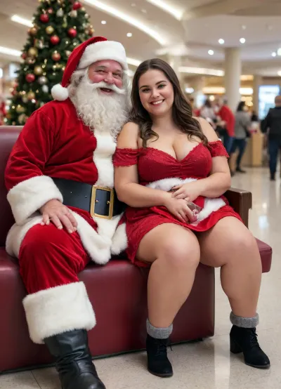 overweight smiling brunette woman sitting on lap of drunk Santa Claus in a shopping mall