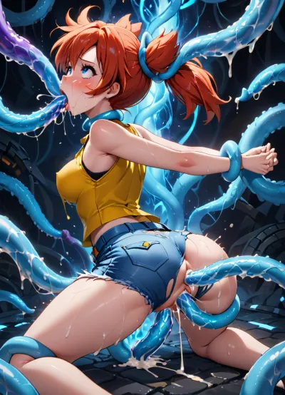 Misty from Pokémon, wearing her classic outfit, 1 girl, on knees, fucked by tentacles, slimy blue tentacles caressing her body, ahegao, glowing blue eyes, cum on back, Arms held back, head held back, ripped clothes, tentai, bukkake, graphic triple penetration, forceful sex, brutal sex, CNC vibes, she is being lifted off the ground, she is floating in the air, violently fucked and ravaged by the tentacles, her body is lifted off the ground, her toes are bare, she is wearing her outfit from the anime, blue denim shorts, yellow shirt, red suspenders, her clothes are being ripped, her ass and vagina are clearly being penetrated, her mouth is being filled with cum too, she has orange / red hair