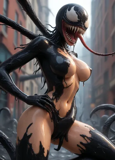 (Jack cayless art style), side view, 1 person!, solo, (((oiled skin))), legs spread, fingering, penetration, cupping her boob, orgasm, (she is transformed by symbiote and is now a she-venom:1.7), (black symbiote skin:1.4), ripped suit, ((1 boob out)), (surrounded by many slimy black tentacles:1.2), black slime everywhere