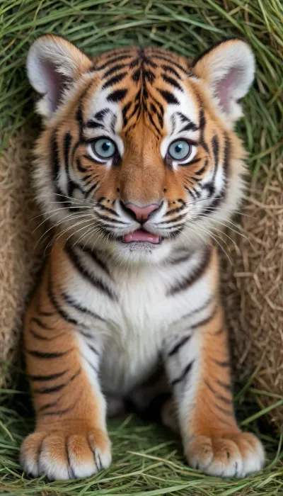 (adorable little tiger cub:1.2), lying playfully on its back, (bright blue eyes:1.1), looking directly at the viewer, soft fur, white belly, orange and black stripes. Composition, (full body shot:1.1), top-down angle, center framing, (isolated subject:1), . Art Style, high detail, photorealistic, natural lighting. Lighting, (soft natural light:1.1), gentle shadows, bright and clear. Colors, Vibrant orange, deep black, pure white, (subtle blue eyes:1.1), (natural green and brown tones of hay:1), . Technical, (sharp focus:1.3), (detailed fur texture:1.2), DSLR photo, studio lighting, professional photography, high resolution, 8k. Environment, (fresh green hay:1.2), rustic background element, (minimal), .