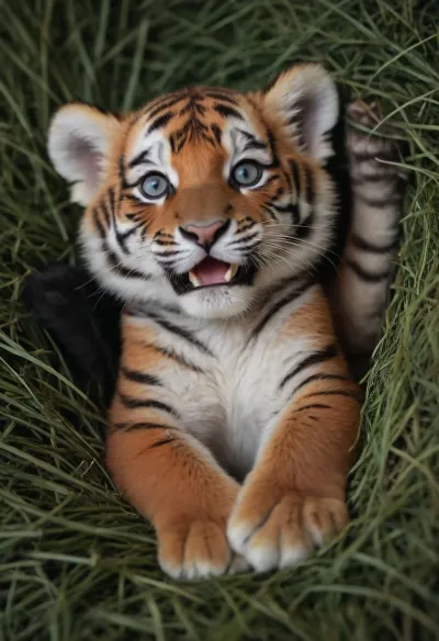 (adorable little tiger cub:1.2), playfully lying on its back, (bright blue eyes:1.1), looking directly at the viewer, soft, well-drawn fur, white belly, orange and black stripes. Composition, (full frame:1.1), top-down angle, central composition, (isolated object:1), . Artistic style, high detail, photorealistic, natural lighting. Lighting, (soft natural light:1.1), soft shadows, bright and clear. Colors, bright orange, deep black, pure white, (soft blue eyes:1.1), (natural green and brown shades of hay:1), . Technical characteristics, (sharp focus:1.3), (detailed fur texture:1.2), DSLR photography, studio lighting, professional photography, high resolution, 8k. Environment, (fresh green hay:1.2), rustic background decor elements, (minimal), .