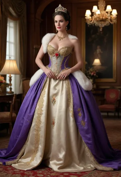 aristocratic bedroom, large grand room, most beautiful actress in the world, mature beautiful super star world class actress, queen’s crown, ((bustle royal ceremonial gown, dress fully covers legs)), (((fur imperial state robe))), floral embroidery, (ankle length dress skirt), ((bustle dress, hoop skirt dress)), (overflowing cleavage), snatched wasp waist, hyper hips, ((hyper breasts)), hyper ass, dress covering legs
