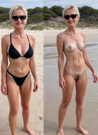 ((skinny mature lady 65 years old)), tall and skinny body, pale skin with tan marks, detailed old skin with stretchmarks and wrinkles, hairy genitals, short blonde ponytail hair, 65 years old mature woman, skinny body, (full body in view full nude with hairy pussy), skin with stretch marks, (same person, different pose, different angle), (2Split screens, 2split views, onoff:1.2), (wearing a black swim suit and sunglasses and pearl earrings), BREAK, (blurred bright beach background), walking at the beach with white sand, arrogant expression, smiling, perfecteyes, <lora:OnoffXL_ExtraCrispy:.5>, <lora:PerfectEyesXL:.8>