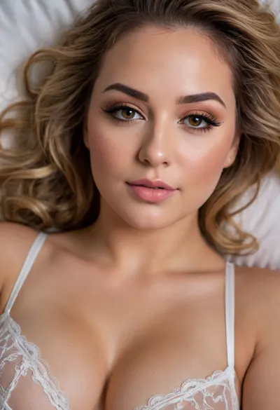 Closeup of her face, smirking wickedly, looking down her nose, lip curled up on one side, lips slightly parted, one eyebrow arched up, beautiful woman, bright amber eyes, (eyeliner, winged eyeliner), chubby, tight white lingerie, cleavage, in her 20s, thick, in bed, laying on her back, (ombre hair), (indirect lighting), shot from above, eye contact, 8k