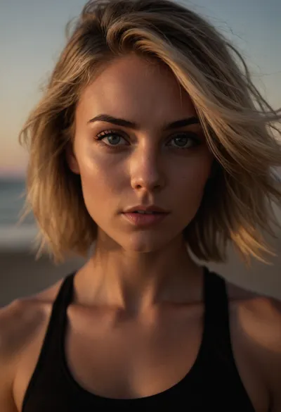 ziprealism, (21 Year old, fitness model, inspirational athleticware esthetic, beach sunset:1.6), (perfect eyes, focus on eyes:1.2), (shallow depth of field, layered composition, analog lens, low angle view:1.4), (split lighting, dramatic shadows:1.8), (sports bra, leaning forward, sprinter:1.4), (ultra realistic, 8k, 4k, ultra-detailed, Instagram model, professional photography, maximum quality, uhd, RAW photograph), Scandinavian, Viking, Irish, Scottish, (grey eyes, gray eyes, large expressive eyes), (detailed eyes, high resolution eyes, natural skin texture, high quality eyes), (fit body, toned body, athletic body, muscular shoulders), (large breasts, soft breasts), (wide jaw, strong jaw, square jaw, prominent high cheekbones, lean face), (ash-blonde hair with dark roots:1.2), (bob cut hair, asymmetric haircut, swept-back hair style, windblown hair:1.4), (determined expression, fierce competitor:1.2), Stable-Yogis-Makeup-Enhancer-XL