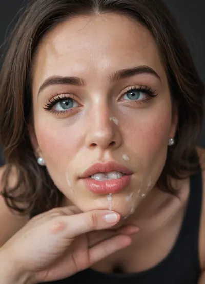 (gorgeous), (cute), (pretty), (milf:1.2), (cum on face), (bukkake), (cum running down), (facial), (cum in mouth), (cum dripping from mouth), sweaty, flushed, oiled, wet skin, sticky face, looking at viewer, eye contact, (face close up view:1.2), (kiss me lips:1.2), (kiss me face:1.2), (black background), (sharp face features), (narrow face:1.2), big eyes, mig mouth, large puffy lips, sly smirk, (view from below), clothed, black shirt, looking down, head tilted down, (pov hugging close), downblouse, spitting down, (flushed eyes), (swollen eyes), (wrinkly face)