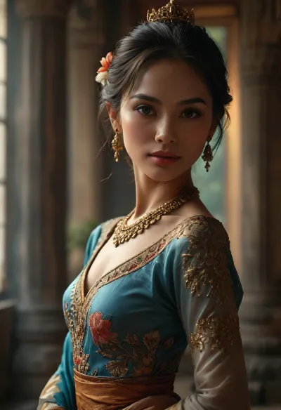 A photorealistic scene set in an ancient Thai temple, featuring a beautiful Thai dancer in traditional attire. The dancer is performing an elegant, graceful dance, her movements fluid and captivating. Her clothing is intricately detailed, with vibrant colors and traditional patterns. The setting is lush and atmospheric, with ancient stone structures, tropical plants, and soft, natural lighting. The dancer’s face and body are depicted with exquisite detail, capturing the elegance and grace of the moment. The scene is designed to be both sensual and highly detailed, focusing on the dancer’s expression, attire, and the ambiance of the temple, Her face is characterized by gentle, almond-shaped eyes, a smooth, radiant complexion, and delicate cheekbones. She has a soft, inviting smile, and her expression exudes grace and warmth, (high resolution:1.5), 8k, perfect realistic photo, smoky blues toward the back of the room. Volumetric smoke effects, highly detailed vintage fabrics, soft cinematic depth, richly textured environment, (maximum photo quality:1.4), (maximum resolution:1.5), <lora:MJ52:.6>, <lora:hair-over-face-01-000007:.8>