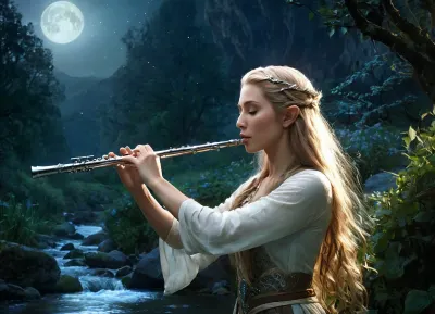 Fantasy art, elven musician, with flowing hair, leaves flying around, playing a silver transverse flute by a moonlit stream, calm expression, long loose hair, soft ethereal lighting, digital painting, detail