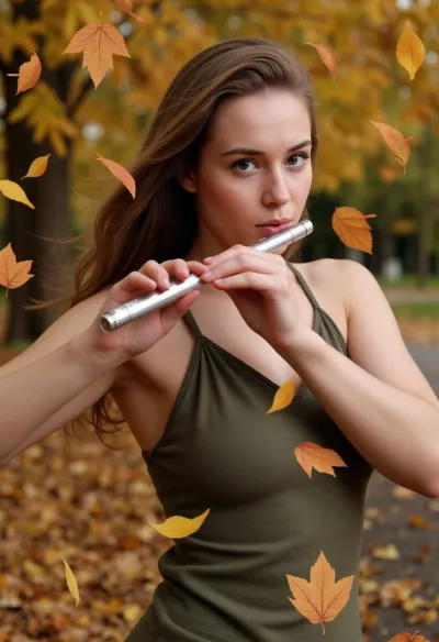 Photorealism, photorealistic, realistic, {35-year-old woman with loose hair against a backdrop of leaves flying everywhere, playing the flute, holding it with her hands and touching it with her lips in a whirlwind of leaves}, vivid, highly detailed, ultra-realistic, cinematic lighting, 8K