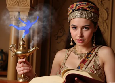 Photorealistic, realistic, {beautiful oriental princess, Scheherazade, in expensive clothes and gold jewelry, reading fairy tales in the chambers of the oriental palace, in one hand she holds a book, and in the other a magic lamp, from which there is smoke and a blue genie flies out}, bright, highly detailed, cinematic lighting