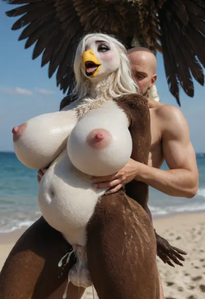 ((avian female, bald eagle, makeup, thick lips, black lips, hair covering one eye, brown feathers, huge breasts, skinny body)), beach, yellow beak, avian, breasts, big thighs, (((furry art, furry woman))), ((orgasm face, cum, carry sex, arched back, faceless male, cum overflow, gigantic belly bulge, male holding waist, front view)), <lora:add-detail-xl:1.6>