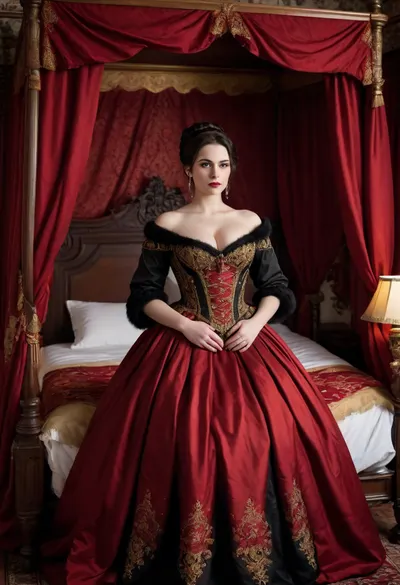 (Gothic aristocrat), very pale skin, Confident smirking 30 year old, luxurious red silk bedsheets, dark gloomy haunted castle bedroom, (victorian era noblewoman in black ballgown dress with red and gold embroidery, standing in front of bed), medieval era mansion bedroom, ((wooden canopy bed with red and golden accents bed curtains)), pitch black hair in a hair bun, arms crossed under breasts, many many pillows, embroidered ball gown, hourglass ballgown, wasp waist, white fur shawl, (Hyper breasts, top heavy, huge breasts, hyper tits, gigantic tits)