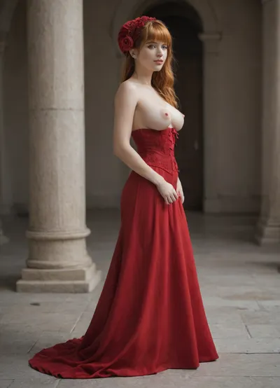 college age, 1 woman, beautiful, (perfect face), detailed, full body shot, looking over shoulder, side view, scenic view, unbuttoned red detailed corset, exposed naked large breasts, erected nipples, ginger hair, grinning, licking lips, cleavage, photorealistic, 4k, highly detailed, (wearing a bonnet), parlour, (bustle), (long dress), full body, red dress, csch1ffer, bangs, blunt_bangs, long_hair
