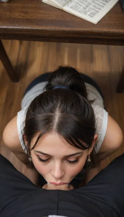 masterpiece, best quality, ultra-high-detailed, deepthroat under table, 1girl, eyes half closed, front view, high angle virw, (very deepthroat), throatfuck, under table, penis, Mion Sonozaki, black hair, her arms are up, cum on face, ponytail