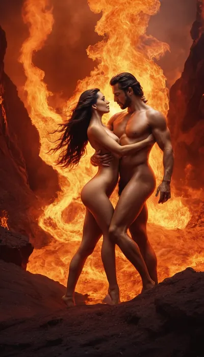 Cinematic, fantasy portrait in the style of Boris Vallejo, two blazing fire gods passionately dance the Tango, wisps of magical fire drape their naked bodies, they dance among blazing volcanos.