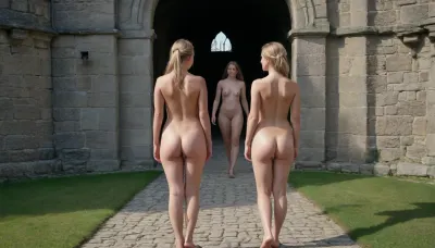 3 beautiful ladies. 3 women from Denmark in traditional pennicoats, no skirts, bottomless, no pants, exposed naked hairy pussies, full body view, medieval castle.