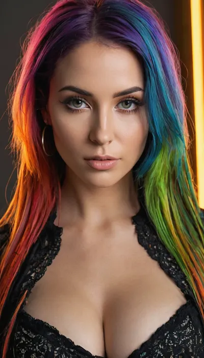 (Masterpiece), hyperrealistic render of a 25 years old woman, (goth_baddie:1.25), (intricate), ((glowing fluorescent color pallet)), (full body view, most of body in view), (looking at viewer), the most beautiful woman, perfect_skin, multicolored hair with multicolored_streaks, long hair, beautiful model face, detailed realistic face, pointy chin, puffy lips, detailed eyes, large perky natural breasts, ((focus on generating perfectly sculpted breasts)), firm tits, cleavage, perfect nipple placement, (nipple symmetry), semi_toned, slender, athletic_curvy, hourglass figure, highly detailed, intricate details, (best, quality), well-proportioned, intricate small partial_hair_braid, (amazing, curves), (photorealistic), natural, beauty, glowing, fluorescent, fluxenh4nce, ARW, detailxl, <lora:FLUXEnh4nce:2>, <lora:SDXL LoRA ARW Color palette:2>, <lora:Misses91:2>