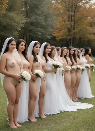(Full bodies view from afar distance), (line of 6 nude brides in white veil, dresses lifting brides nude women with hairy pussies, of different ethnicities and different cultures:2), (row of 20 nude brides:1.6), (((no males))), All nude., (((1 indian woman with brown skin lifting up traditional indian clothing for good visible hairy pussy))), (1 black woman with dark dark black skin with straight hair), ((1 latina woman with brown skin)), (1 european woman with red hair wearing sun dress), ((1 chinese woman with brown skin)), (((1 native american woman with headdress and brown skin))), (1 european woman with blonde hair wearing blue jeans), ((1 brown skinned middle eastern woman with headskarf)), holding hands and facing the camera, looking at the camera, and they are naked, (((no men))), <lora:standing_in_a_row:2>