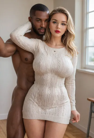 (Photorealistic masterpiece, best quality), (((interracial couple sex))), ., 1woman, fully clothed, (beautiful:1.8), sexy 40yo, blonde, French, (curvy:1.7), ultra-wide hips, thick thighs, big bubble butt, shaved legs, soft skin, detailed asymmetrical face, bright blue eyes, long natural eyelashes, no skin blemishes, sexy big glasses, perfect heavy makeup, red lipstick, perfect covered breasts, (natural, medium, soft, teardrop breasts hidden inside clothing), protruding nipples, perfect detailed hands, red nails, (diamond sparkling ring), wearing a short sweater-dress. Standing, sexy, S-Curve modelling position, leaning forward, looking at the viewer to tease, arm outstretched to take the selfie, standing doggystyle sex, (fucked from behind), by 1man, Black African, naked, perfect detailed eyes, brown eyes, tall, (extremely muscular:1.4), standing, fucking her pussy, looking over her shoulder at the viewer, male model face, attractive, modern male hairstyle, detailed masculine hands, his hands are groping her hips. Classroom setting, desk, bright window, soft natural lighting, bright windows in classroom, close-up view, selfie, Captured with a Leica M10, Leica Summilux 50mm f/1.4 lens, sharp focus, score_9, score_8_up, 8K, UHD, clear image, extremely sharp, extremely detailed, extremely intricate detail, high res, ultra-high-definition, highly detailed, ultra-sharp textures, finely detailed, perfect skin texture, hyperrealistic lighting, professional photography, full dynamic range, deep contrast, high clarity, realistic depth of field, HDR, perfect exposure, smooth gradients, volumetric lighting, natural reflections, ultra-fine details, realistic skin pores, individual hair strands, bokeh, soft shadows, color-graded, natural dynamic reflections, captured with award-winning camera, hyperdetailed, photo realistic, hyper realism, key visual, intricate detail, vibrant, exciting, lots of shadows, romantic, masterpiece, knitted, sweater, dress, tight, <lora:WildcardX-XL-Detail-Enhancer:1.5>, <lora:attractive_notrigger:1.5>, <lora:BT_Knitted_Sweater_Dress_XL:.8>, <lora:cece_sdxl:1.5>, <lora:Instagram_Selfie_SDXL:1.5>