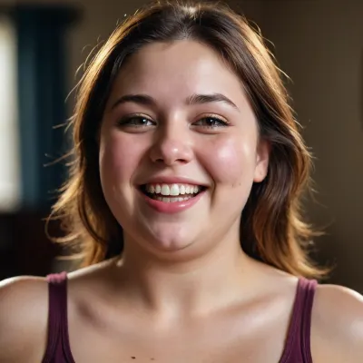 A pretty, chubby young woman face is completely smeared with spit, and she smiles happily., <lora:Chubby BBW - XL:.7>