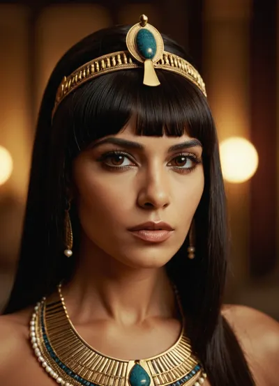 cleopatra, 35 years old, egyptian, brown eyes, sexy lips, straight hair, mysterious, cleopatra haircut with beads, small crown