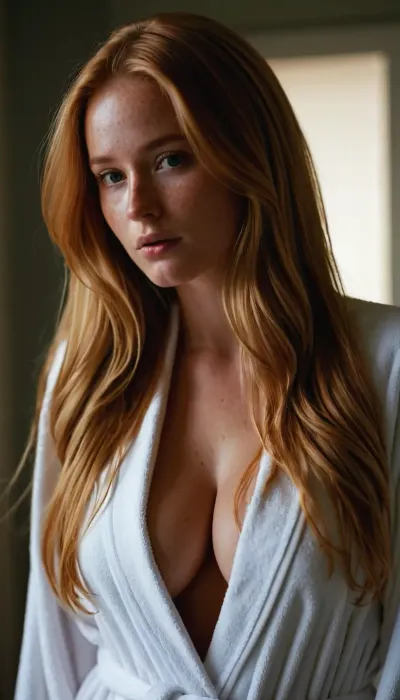 Shy girl next door that is secretly thick as hell with a round ass and perfect huge tits. Long strawberryblond hair with golden highlights, light freckles, Wearing white bathrobe, view to the front