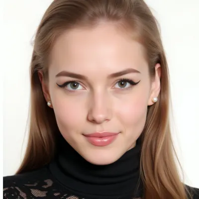 **Photorealistic portrait** of a young adult female, estimated biological age **28 years**, with direct gaze stability toward the lens.

**Facial Morphology and Integumentary Details, **
**Craniofacial Contour, (Face Shape), ** **Mesoprosopic facial type**, (oval shape), with mild vertical elongation. The **mandibular angle, (jawline), ** is defined but smooth, transitioning aesthetically to the **cervical region, (neck), **. The **zygomatic arches, (cheekbones), ** show **subtle malar projection**, contributing to a balanced, mature facial structure.
**Ocular Structures, (Eyes), ** **Large, prominent globes** set in a **deep orbital fossa**. The **irises** display a clear, multi-tonal gray-blue coloration with exceptional detail. The palpebral fissures are open. **Upper eyelid application of sharp, black cosmetic liner** defines the **lateral canthus, (outer corner), ** in an elevated, (winged), configuration. **Full, dense ciliary structures, (eyelashes), ** are individually defined. The **supraorbital ridge, (eyebrow region), ** features medium brown, dense hair with a **well-defined, natural arch morphology**.
**Nose, (Rhinology), ** **Leptorrhine nose type**, (straight and narrow), exhibiting excellent **nasal symmetry and projection** relative to the midface.
**Lips, (Cheilology), ** **Full labial volume** with a distinct **Cupid's bow**. Mucosa has a natural, rosy-pink pigmentation. The closure of the oral commissures suggests a slight, controlled smile.
**Skin, (Dermatology), ** **Smooth, unblemished skin texture** exhibiting high turgor and uniform tone, indicating excellent dermal health. **Subtle cosmetic enhancement**, (contouring), is present to augment the definition of the zygomatic and mandibular contours.

**Hair and Accessories, **
**Hair, ** Long, with a color gradient, (balayage/ombré), featuring warm blonde through light brown hues, originating from darker **hair follicles, (roots), **. Hair is styled to reveal the right **auricle, (ear), **, with the majority of the volume cascading over the left shoulder.
**Accessories, ** A solitary **pearl stud** affixed to the right **earlobe**.

**Attire, **
**Top, ** Elegant black garment featuring a **high-neckline, (turtleneck), ** and a highly **textured, open-weave/lace fabric**, (guipure type), .

**Lighting and Composition, **
**Lighting, ** Soft, professional studio illumination, optimized for **facial clarity and detail**.
**Background, ** Unobtrusive, solid white or high-key neutral background.
**Composition, ** Close-up frame emphasizing the **cephalic and cervical regions**.
**Style, ** High-resolution, forensic detail, hyperrealistic digital art.