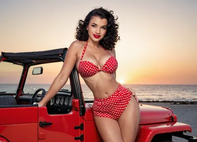 Caucasian woman, curvy body, tanned skin, tan lines, 1950s pinup, by the beach, black curly hair, (open top jeep wrangler), sunset, pin up, flirting, Pinup photo, voluptuous woman, cute smile, retro, red and white polka dot bikini, posing by car, 25 years old, beautiful pin up style, perfect lighting, retro lut, retro style, 4ng3l, face, <lora:SDXL_BetterFaces-LoRA_v1:.8>