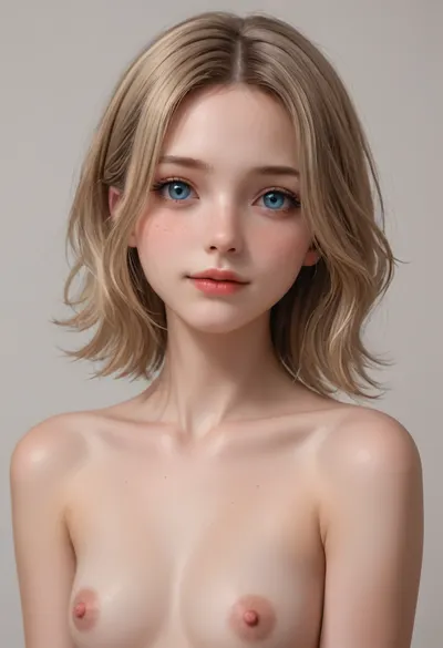 18 yo woman, ((full body visible)), blonde, freckles, small breasts, short smile, nude, simple color background, soothing tones, muted colors, high contrast, natural skin texture, hyperrealism, wide angle, soft light, sharp, rim ligthing, ultra detailed, sharp focus, pale skin, cute face, dark and gloomy atmosphere, best quality, masterpiece, intricate details, hyperrealistic
