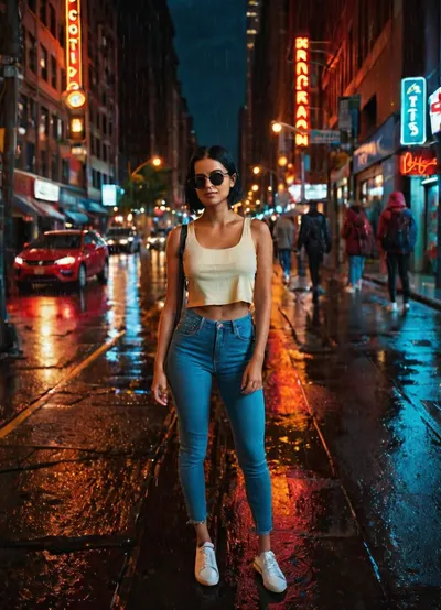 A confident young woman stands in the center of a rain-soaked city crosswalk at night, glancing up with a playful smile while holding her sunglasses close to her face. Shot from an ultra-wide POV, the perspective makes her appear larger than life against the dramatic urban backdrop. Neon reflections from shop signs and streetlights shimmer on the wet asphalt, creating a moody, cyber-street vibe. She has short black hair, natural makeup, and a smart-casual outfit—a beige crop top, skinny jeans, and white sneakers. The atmosphere is cinematic and vibrant, with cool blues and warm reds blending in the rain-soaked street. High-resolution lighting, depth, and detail create a hyper-realistic image. Aesthetic 8K urban night photography, crisp, immersive, and dramatic street vibe.