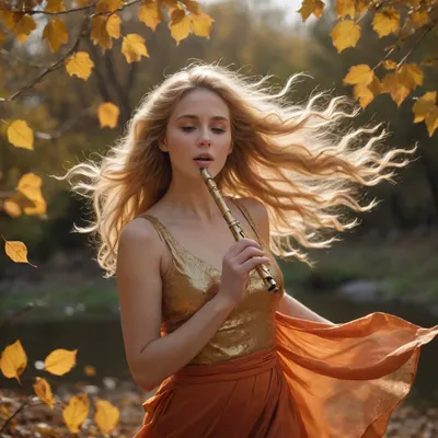 Ultra-realistic 8K, bathed in golden and orange light, dry leaves sway in the wind, framing a woman. In the center, a 28-year-old woman with golden hair and a focused expression plays the flute with passion, swirling in the breeze. Her spring dress billows with her. Standing, she plays the flute. Dynamic movement, leaves swirling around the woman in the wind. Top-down view with reflections on the flute and leaves, dramatic edge lighting, and cinematic color grading.